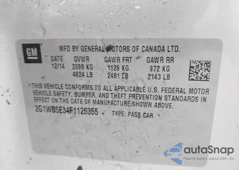 2015 Chevrolet Impala Limited Lt из США, поврежденный, VIN 2G1WB5E34F1126355